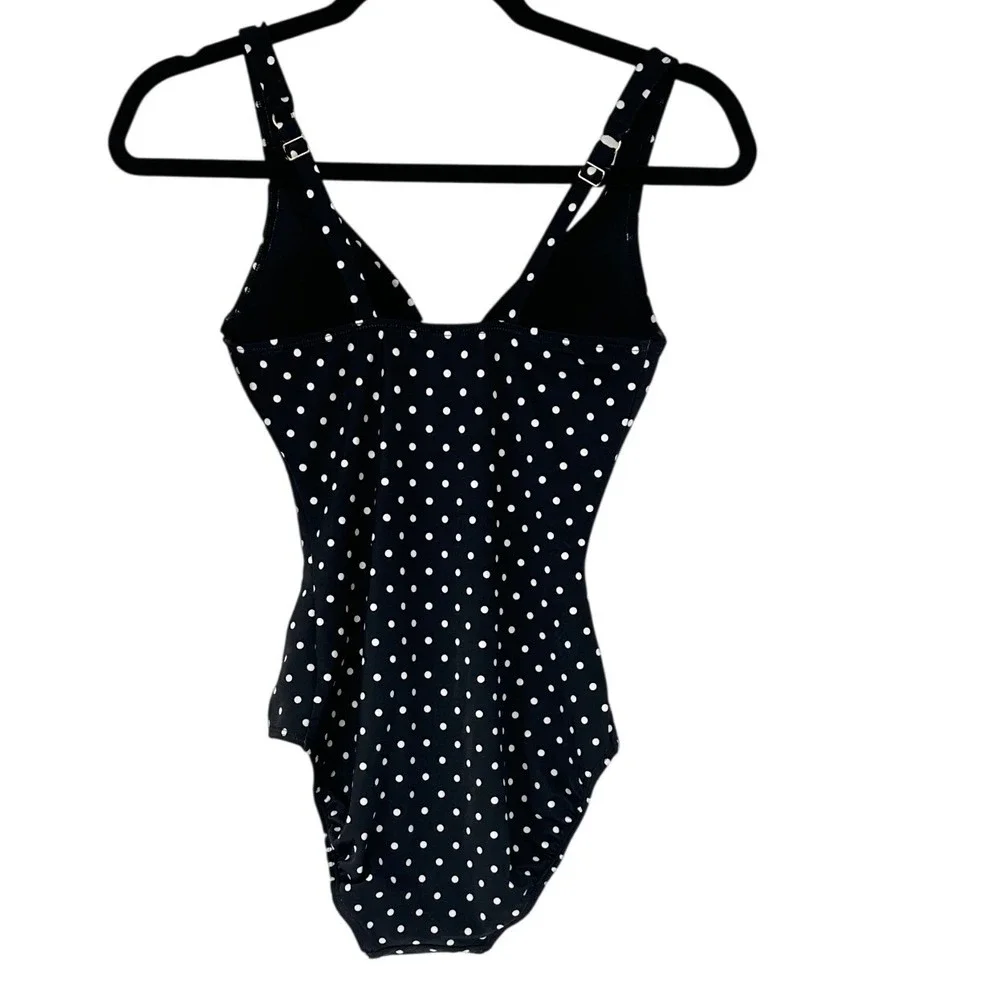 Spanx Ruched One Piece Swimsuit Women 6 Black White Polka Dot Underwire 2656